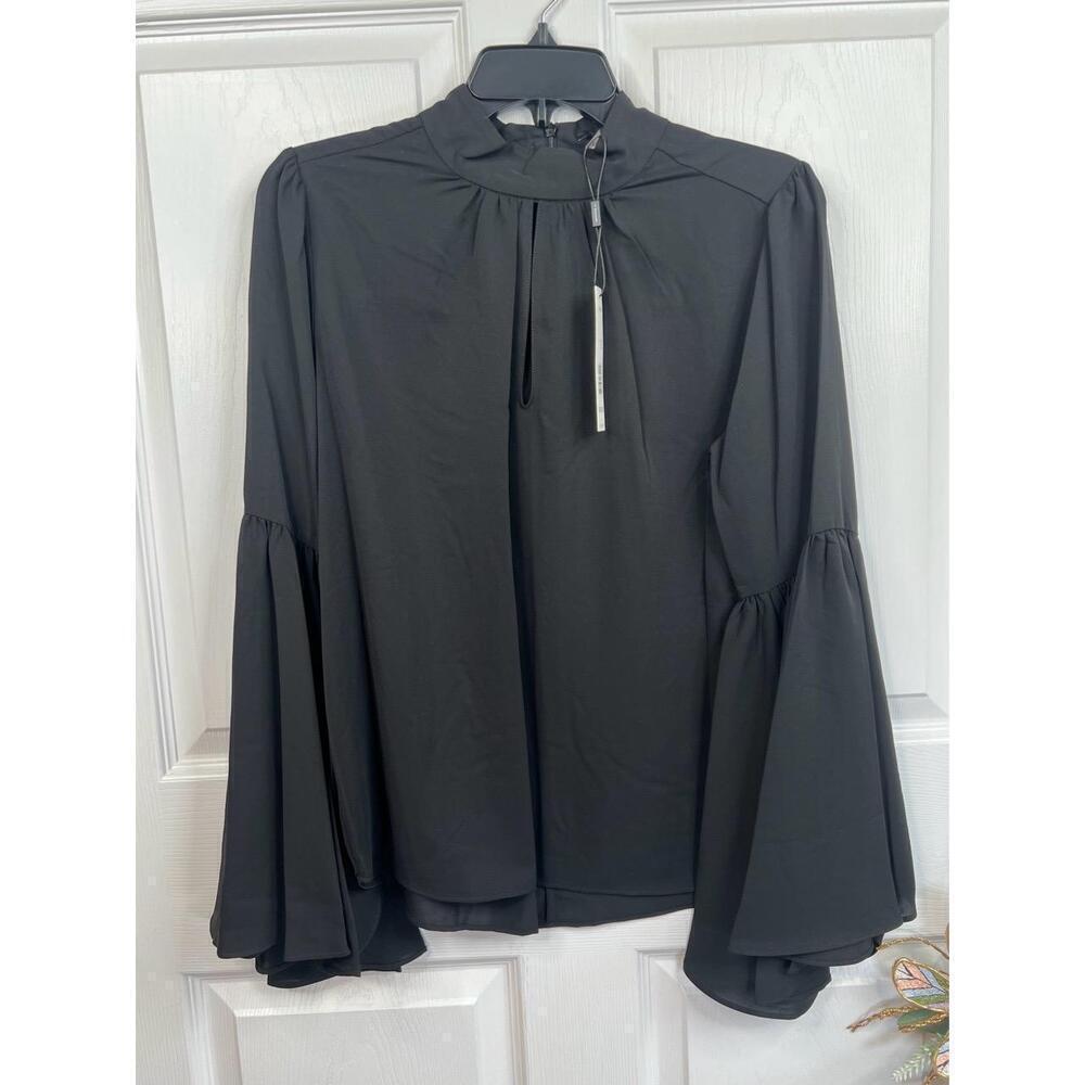 T Tahari Blouse Womens Size S Black Mock Neck Keyhole Large Bell Sleeve Chic